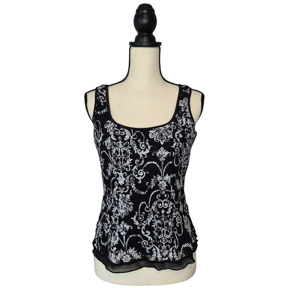 JTB  Vintage Whimsigoth Tank Top Black White Lace Damask Mesh Hem Y2K Sz L